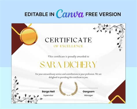 Personalise Certificate Template Editable Certificate Of Excellence