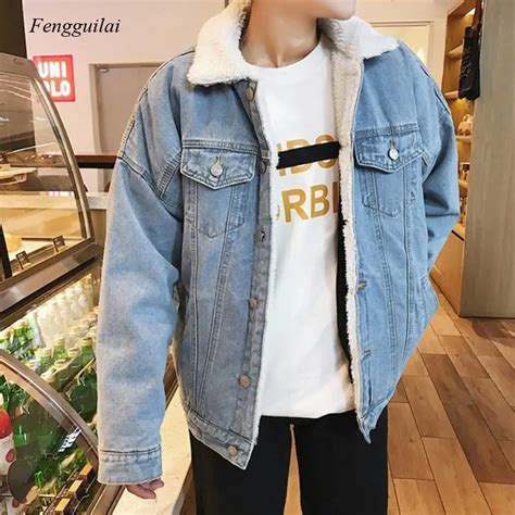 Men Light Blue Winter Jean Jackets Outerwear Warm Denim Coats New Men