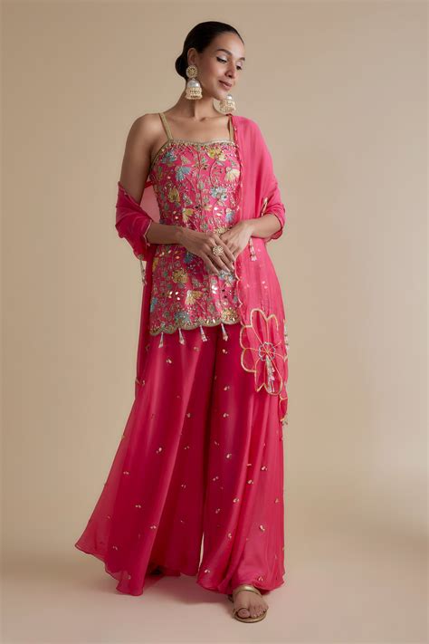 Buy Pink Silk Organza Embellished Cutdana Sweetheart Kurta Palazzo Set