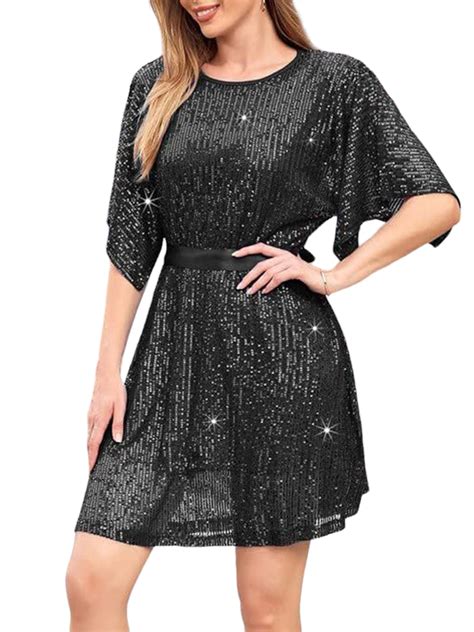 Keeccty Women Party Glitter Frock Mini Sequins Slit Irregular Sleeve