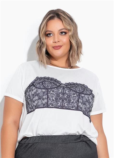 Blusa Branca Estampa Localizada Plus Size Marguerite