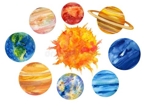 Solar System Watercolor Planets Isolated White Background Hand