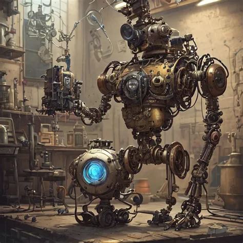 A Worn But Happy Steampunk Concept Art Robot In Engi