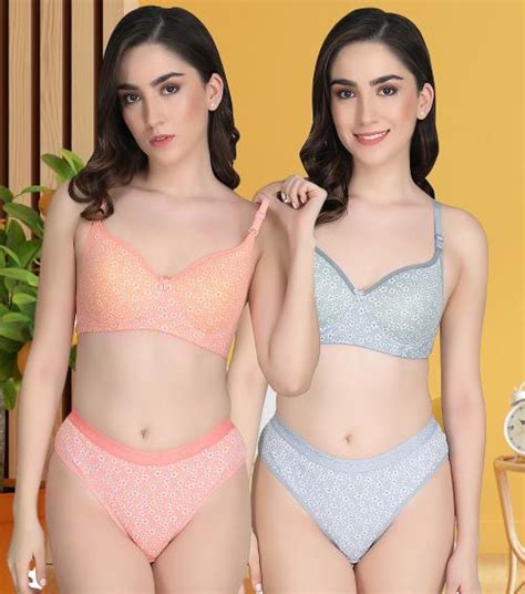 Buy Beach Curve Women Cotton Bra Panty Set For Lingerie Set Pack Of Color Orange Grey