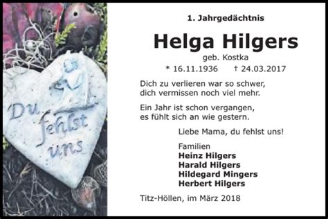 Traueranzeigen Von Helga Hilgers Aachen Gedenkt