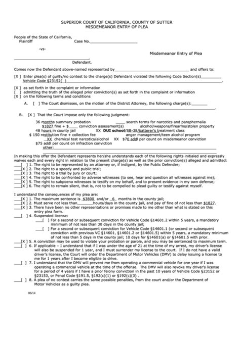 Misdemeanor Plea Form Superior Court Of California Printable Pdf Download