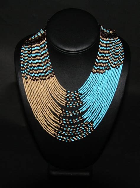 Tribal Beaded Waterfall Necklace Turquoiseblue Beige And Chocolate Colors