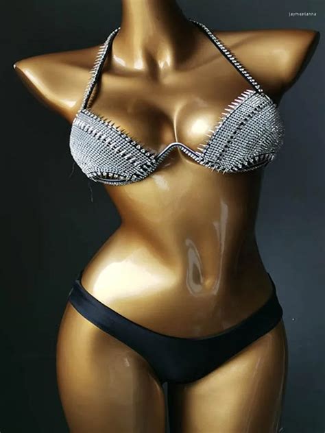 Summer Beach Bikini Set For Women Sexy Push Up Hollow Out Padded Glitter Rhinestone Bra