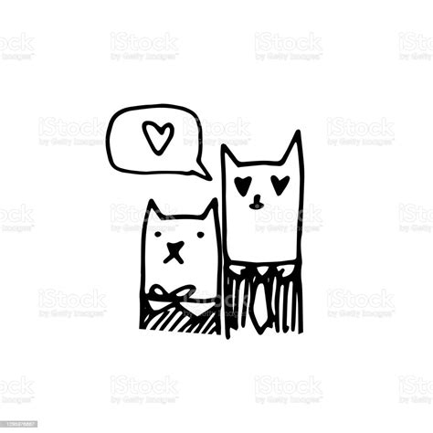 Handdrawn In The Style Of Doodle Cats In Love Cute Cat And Lady Cat Together And In A Speech