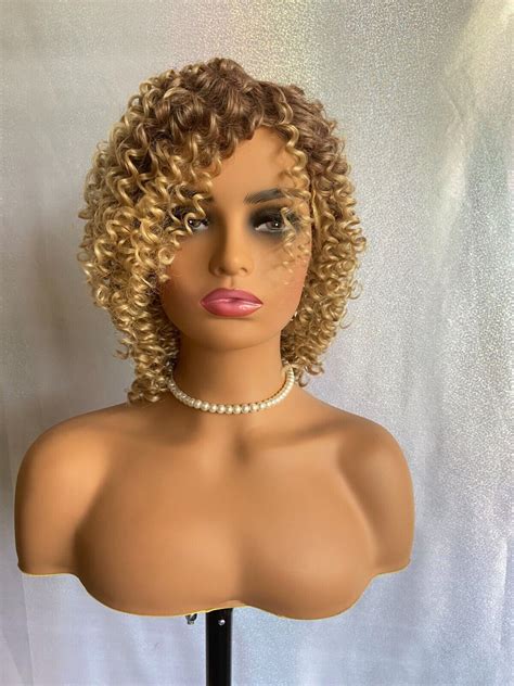 Short Dark Roots Kinky Curly Blonde Mix Synthetic Hair Wig Women