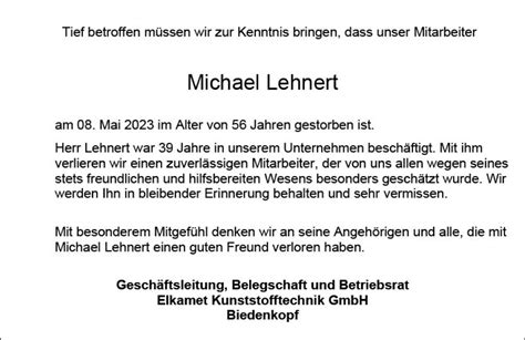 Traueranzeigen Von Michael Lehnert Vrm Trauer De