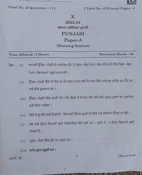 Punjab Board Class 10 Punjabi Question Paper 2024 PDF With Answer Key