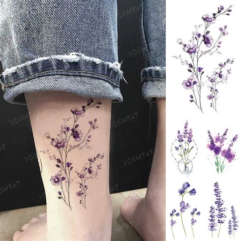 Realistic Watercolor Lavender Temporary Tattoo Set Lavender Daisy Flower Stickers For Women Men