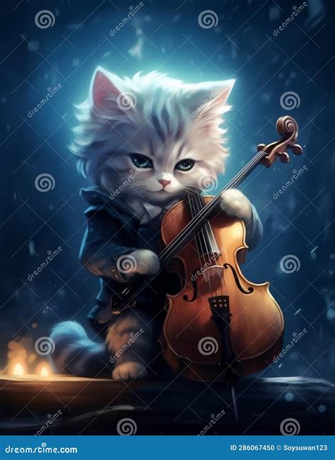 Cute Cat Playing The Violin On The Background Of The Full Moon