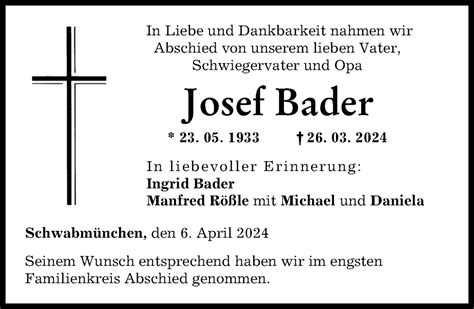 Traueranzeigen Von Josef Bader Augsburger Allgemeine Zeitung