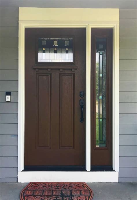 New Craftsman Style Wood Look Fiberglass Entry Door With Decorative Glass And Sidelight