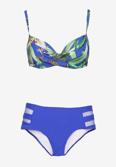 Niebieskie Bikini Biustonosz w Liście i Majtki Figi z Siateczkowymi