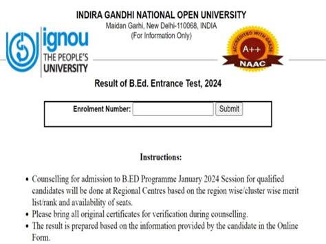 Ignou Bed Result Ignou B Ed Phd And Bsc Nursing Entrance Exam Result