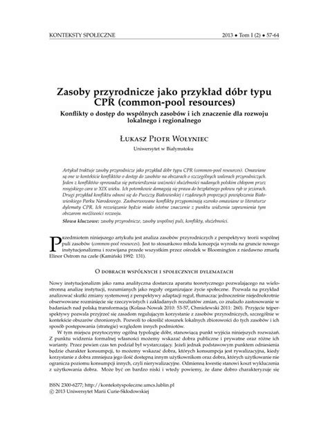 PDF Zasoby przyrodnicze jako przykład dóbr typu CPR common