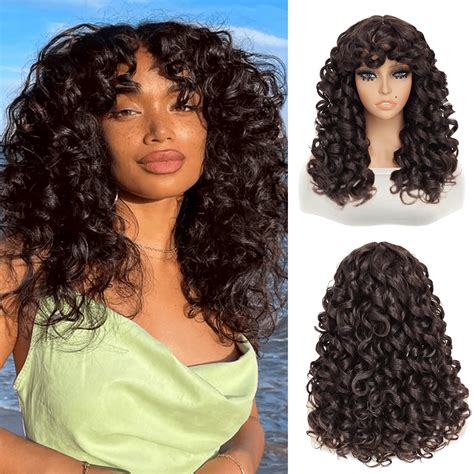 Synthetic Heat Resistant Wigs Bouncy Curls Wigs With Bangs Chocolate Brown 18inch Chemical Fiber