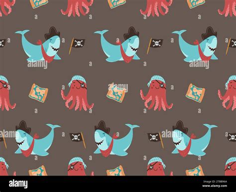 Cute Shark And Octopus Pirate Vector Seamless Pattern Underwater