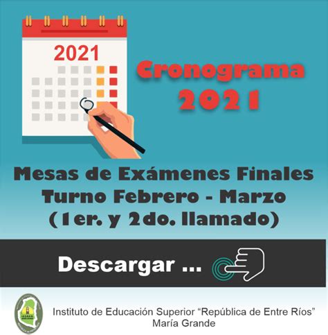 Cronograma de mesas de exámenes finales turno Febrero Marzo 2021