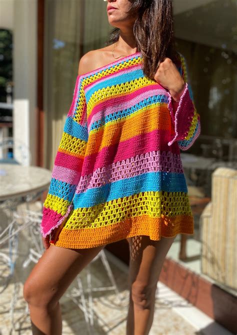 Colorful Crochet Tunic Dress Oversize Dressbeach Dresslong Etsy