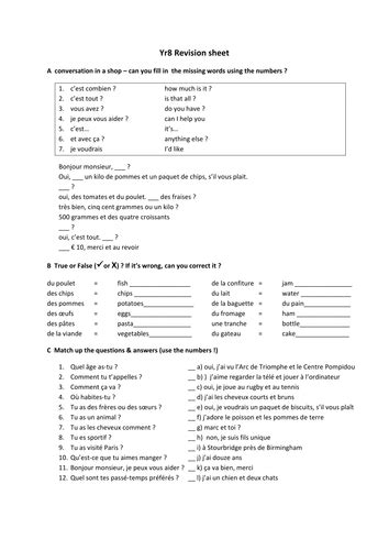 Yr8 French Revision Worksheet Teaching Resources