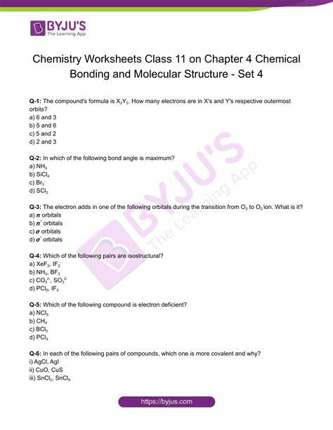 Class 11 Chemistry Worksheet On Chapter 4 Chemical Bonding And Molecular Structure Set 4