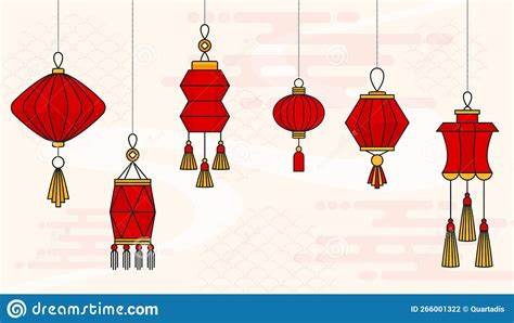 Chinese Red Lantern Set Hanging Paper Lamps Chinese New Year Stock Vector Illustration Of