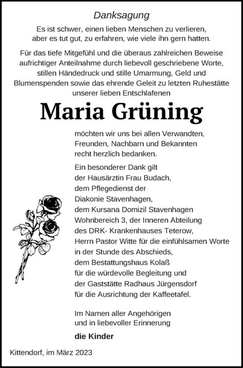 Traueranzeigen Von Maria Gr Ning Trauer Nordkurier