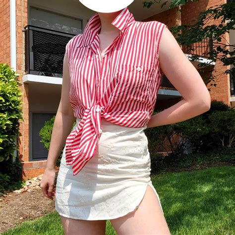 Red And White Striped Silk Vintage 80s Top Depop