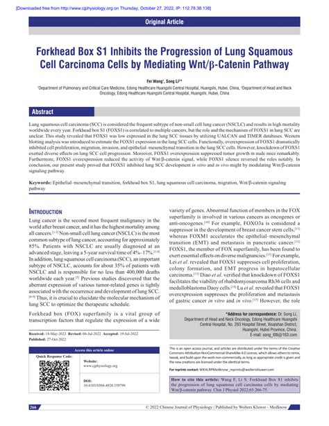 Pdf Forkhead Box S Inhibits The Progression Of Lung Squamous Cell