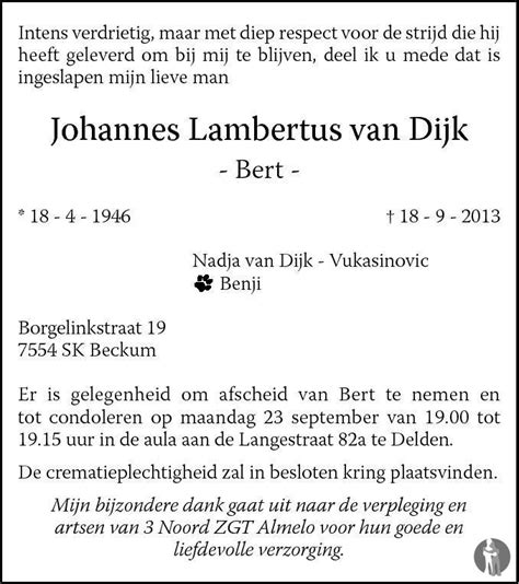 Johannes Lambertus Bert Van Dijk Overlijdensbericht En