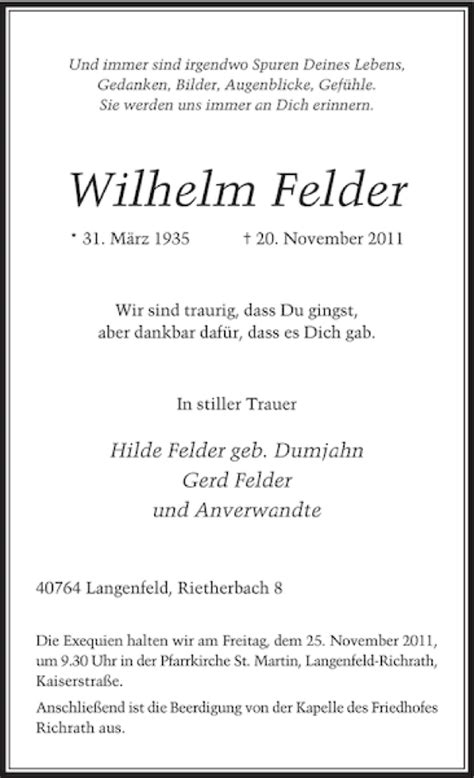 Alle Traueranzeigen F R Wilhelm Felder Trauer Rp Online De