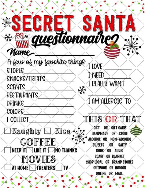 PRINTABLE Secret Santa Questionnaire Printable Shopping List Wish List Printable Present List ...