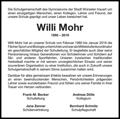 Traueranzeigen Von Willi Mohr Aachen Gedenkt