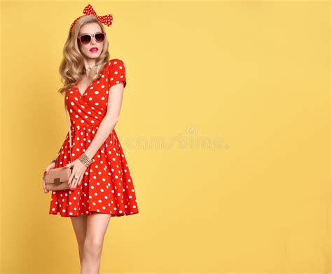 Fashion Blond Girl In Red Polka Dots Dress Outfit Stock Image Image