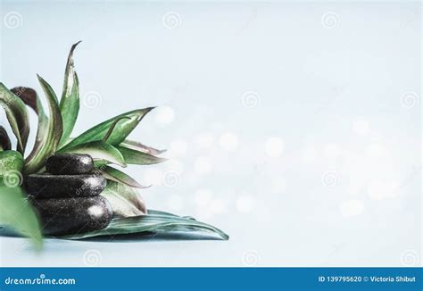Stack Of Black Hot Stones With Green Leaves At Light Blue Background With Bokeh Massage
