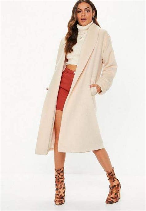 Missguided Cream Brushed Shawl Collar Midi Coat Kadın Kabanı