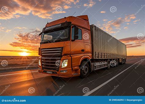 A Large Semi Truck Driving Down A Desert Road At Sunset European Truck