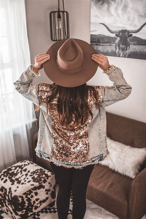 Rose Gold Sequin Denim Jacket Outfits With Hats Sequin Jacket Outfit Felt Hat Outfit