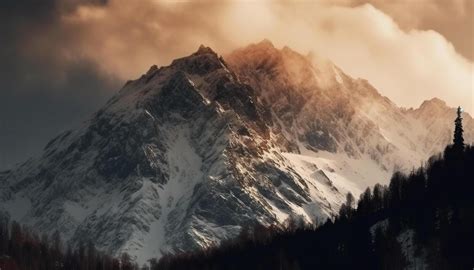 Majestic Mountain Range Tranquil Scene Back Lit By Sunrise Generated