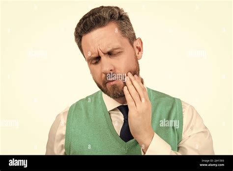Unhappy Mature Guy In Formalwear Suffering From Toothache Isolated On