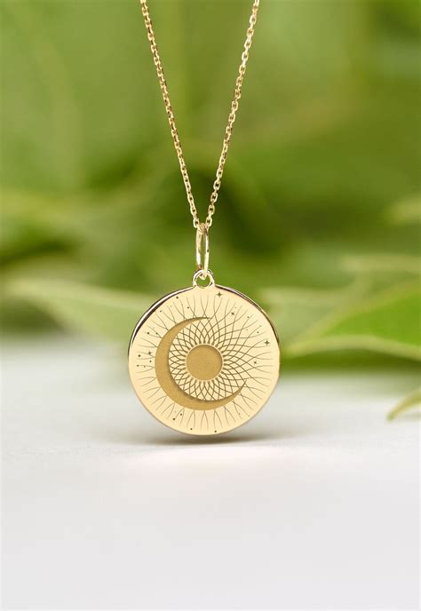 K Solid Gold Moon And Sun Necklace Dainty Sun Moon Pendant