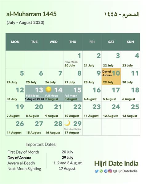 July Calendar Zulhijjah Muharram Hijri Off