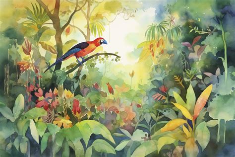 Paint a watercolor landscape of a lush tropical jungle, featuring ...