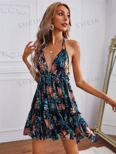 Shein Vcay Plunge Neck Tied Open Back Tropical Dress Shein Uk