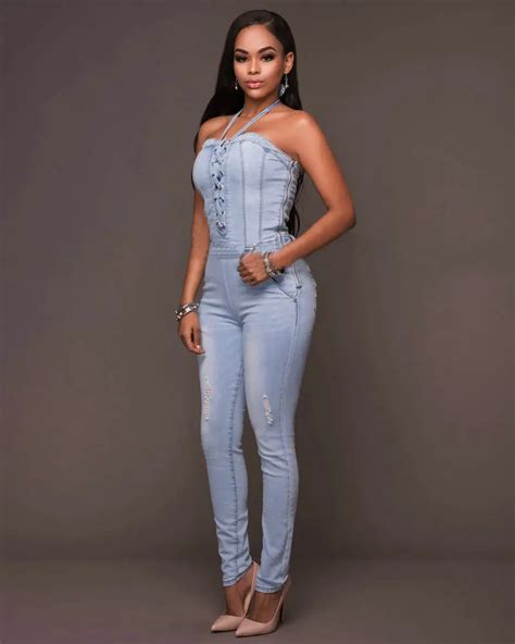 Women Cross Lace Up Denim Jumpsuits Casual Sexy Stretch Romper Ladiesdenim Pencil Overalls