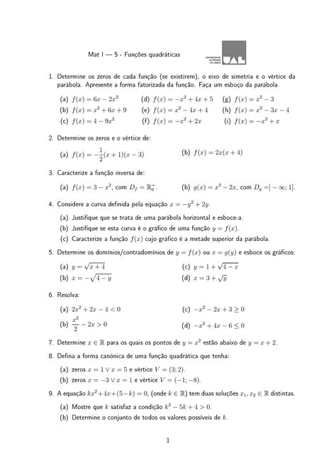 5 Quadraticas Ficha De Exercícios Mat I — 5 Funções Quadráticas